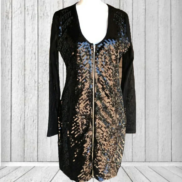 bebe | Dresses | Bebe Xl Black Sparkly Sequin Beaded Dress Sheer Sleeves  Christmas Holiday Women | Poshmark